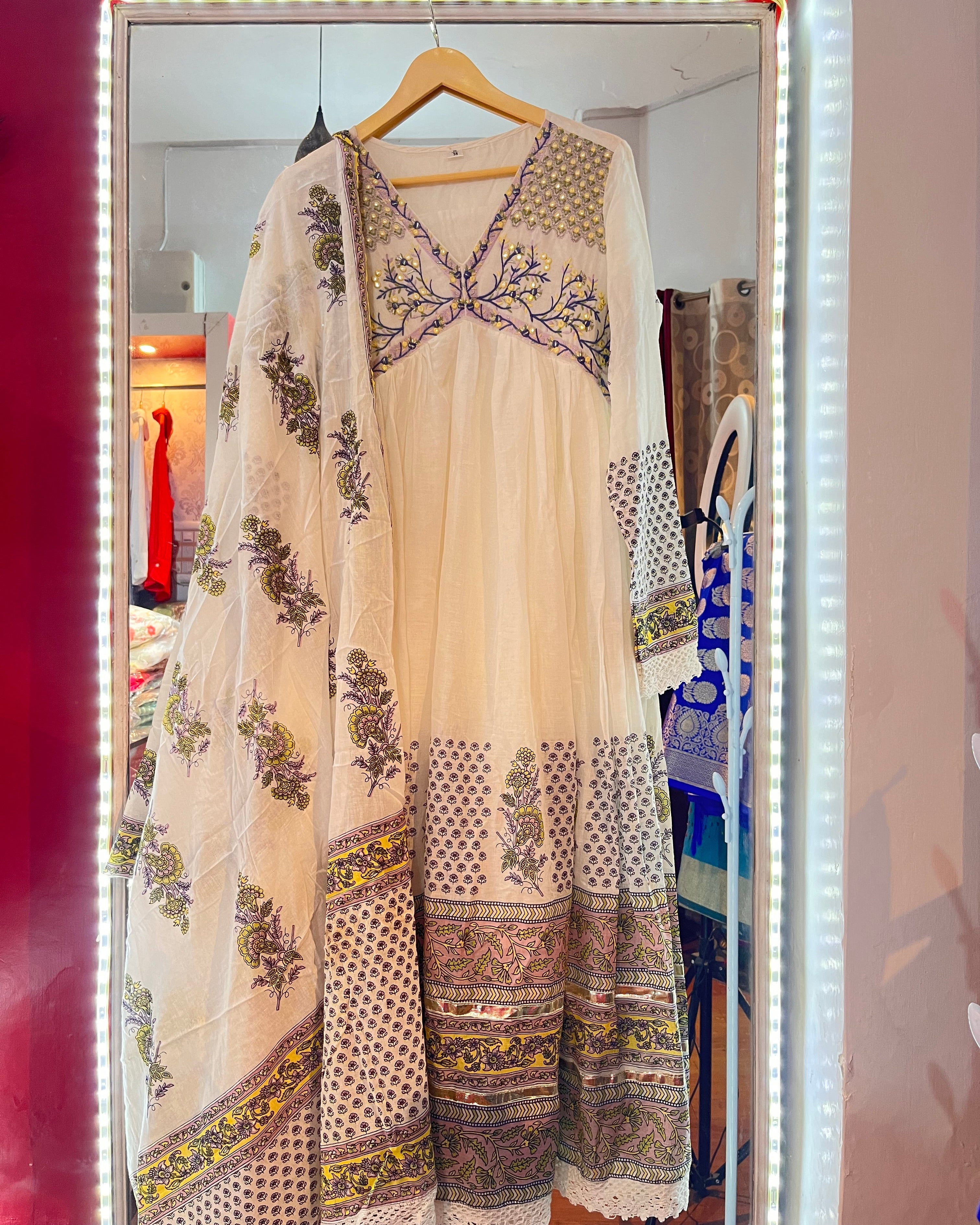 white block printed anarkali