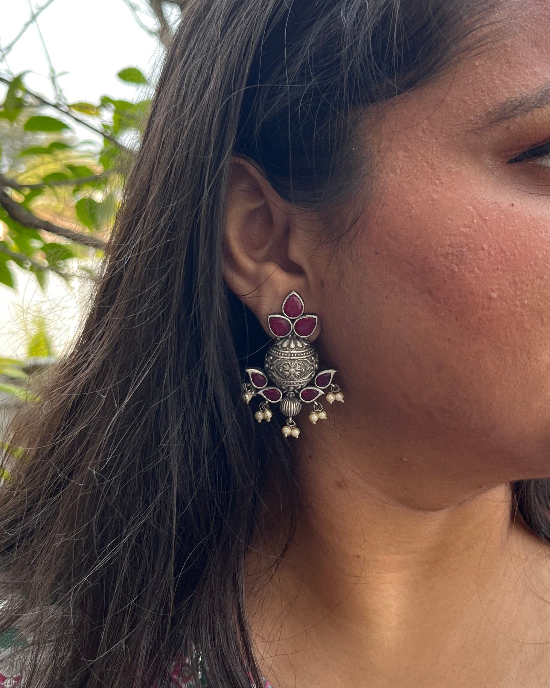 Zariya oxidised earrings with ruby and pearls